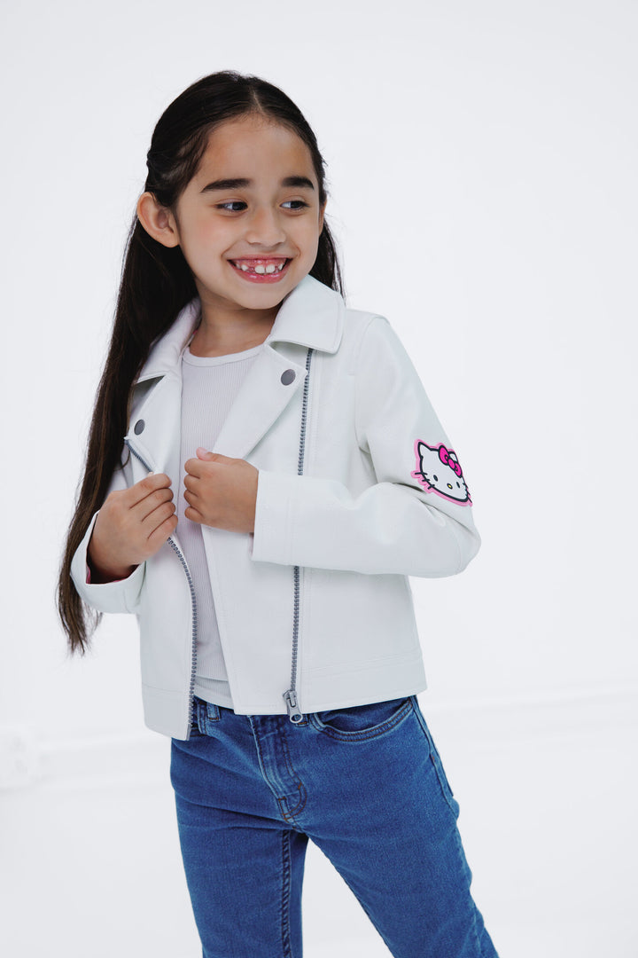 Hello Kitty Girls' Zip-Up Leather Jacket White