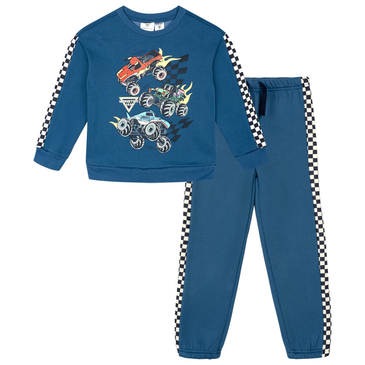 Monster Jam Boys' Fleece 2-Piece Sweatshirt and Pants Set Checkered Blue