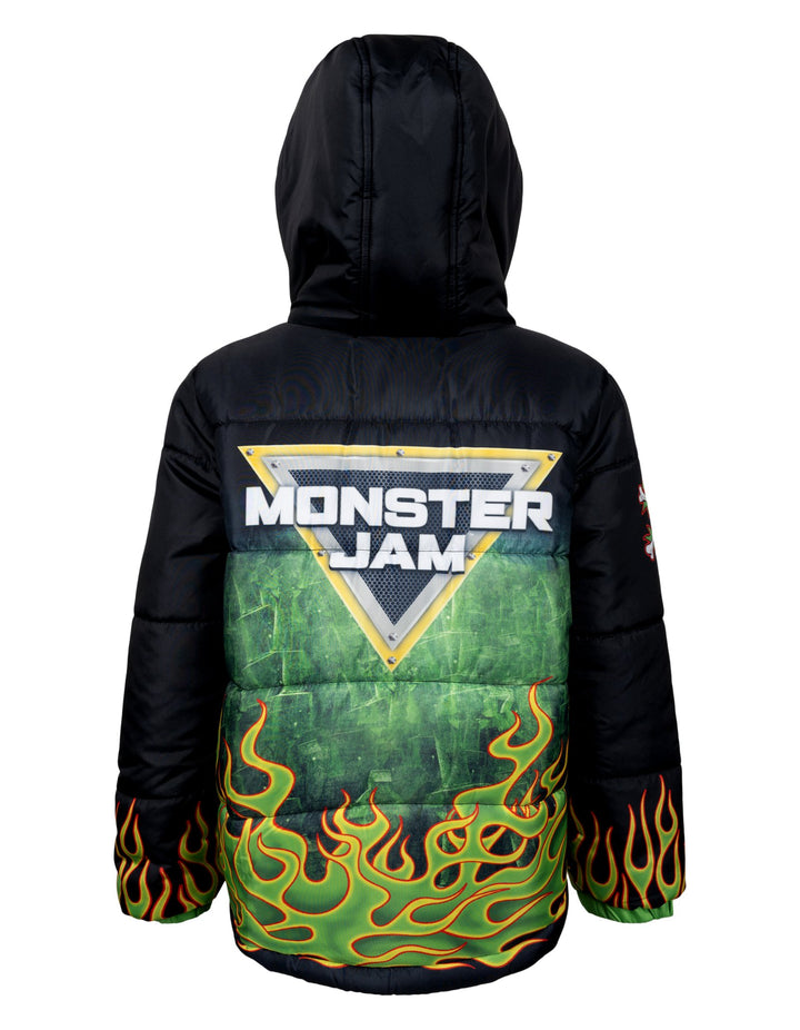 Monster Jam Boys' Hooded Puffer Jacket Grave Digger Green