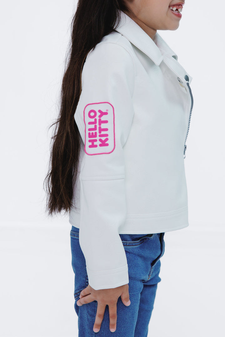 Hello Kitty Girls' Zip-Up Leather Jacket White