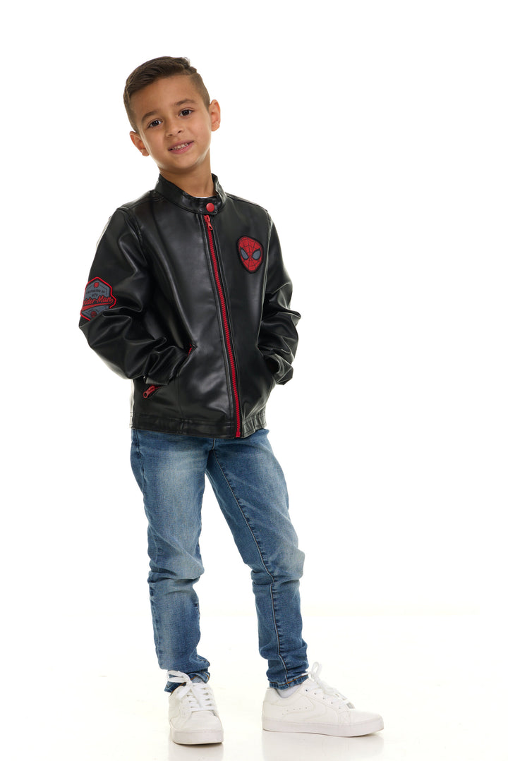 Marvel Spider-Man Boys' Zip-Up Leather Jacket Black Red
