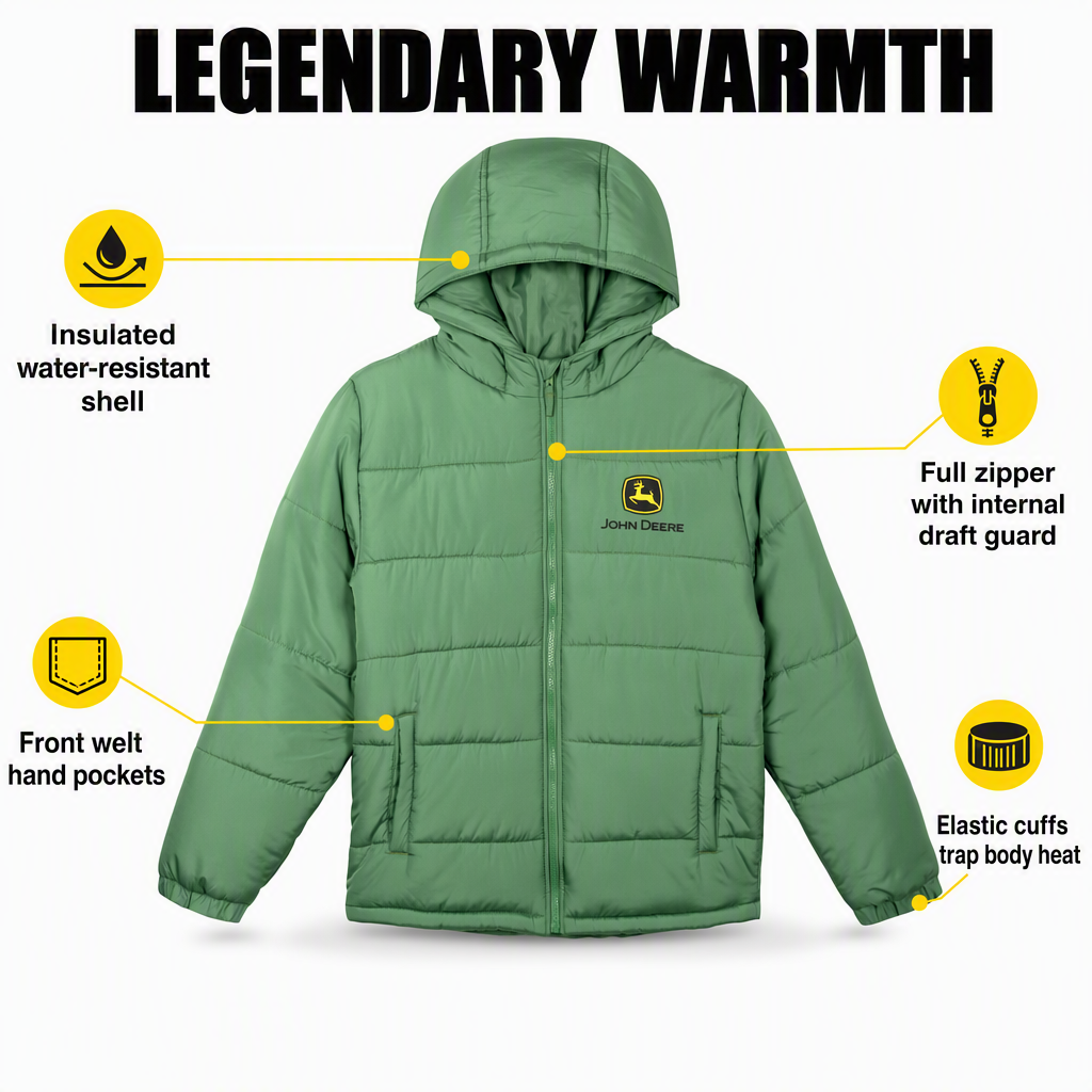 John Deere Men's Quilted Hooded Puffer Jacket Forest Green