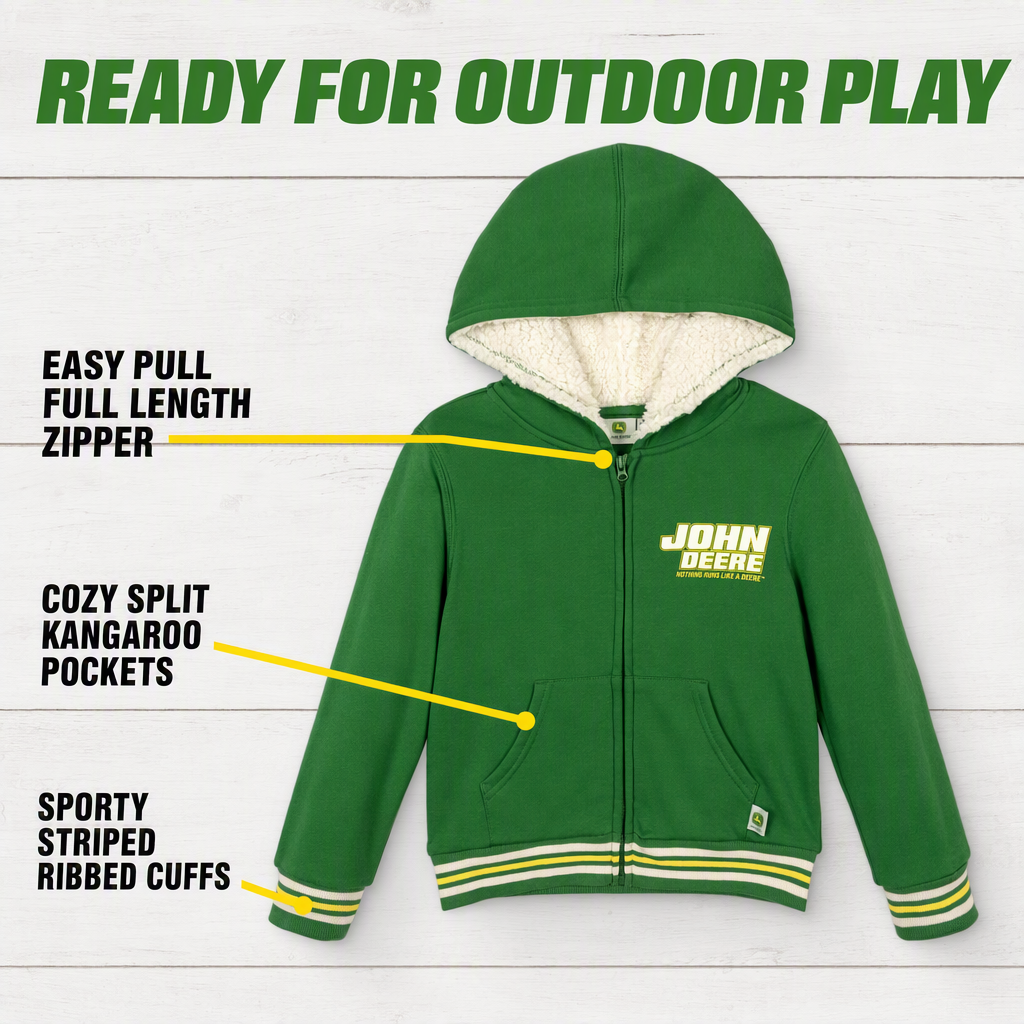 John Deere Boys' Fleece Zip-Up Hoodie Green Cream