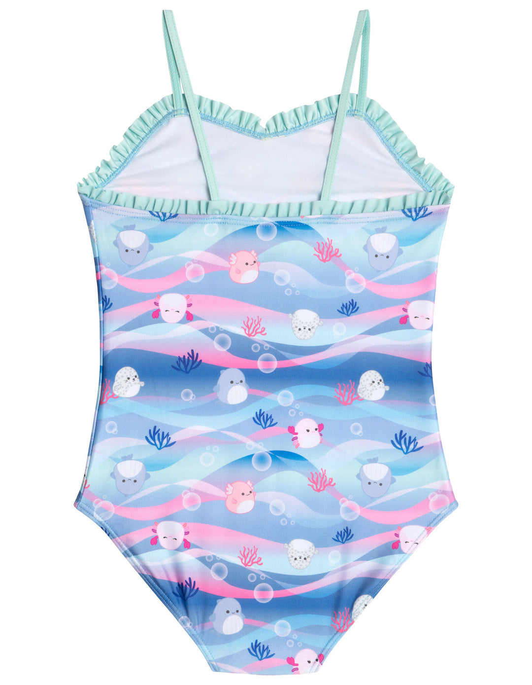 Squishmallows Girls' One Piece Swimwear Aqua Blue Pink Wave
