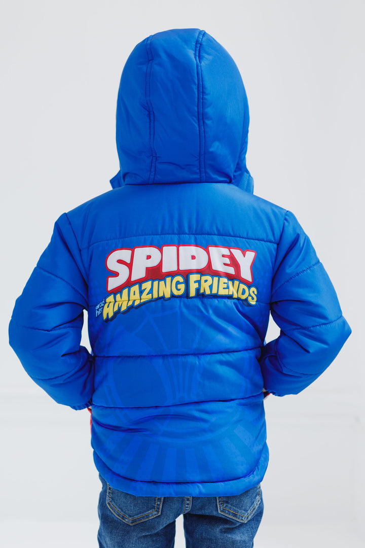 Marvel Spidey and His Amazing Friends Hooded Zip-Up Puffer Jacket Red Gradient