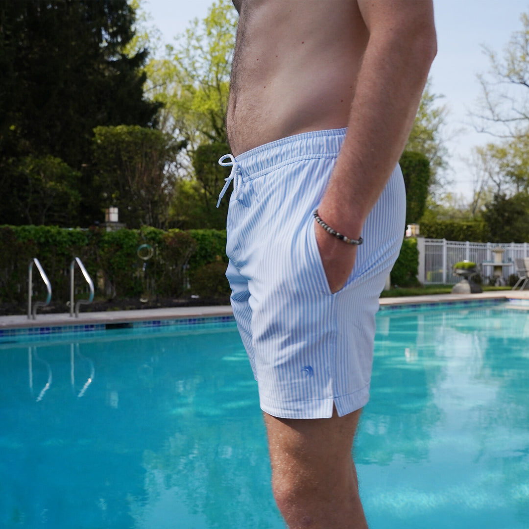Dreamwave Men's Compression Liner Swim Trunks with Phone Pocket 7 inch Inseam Anti Chafing Blue White Stripe