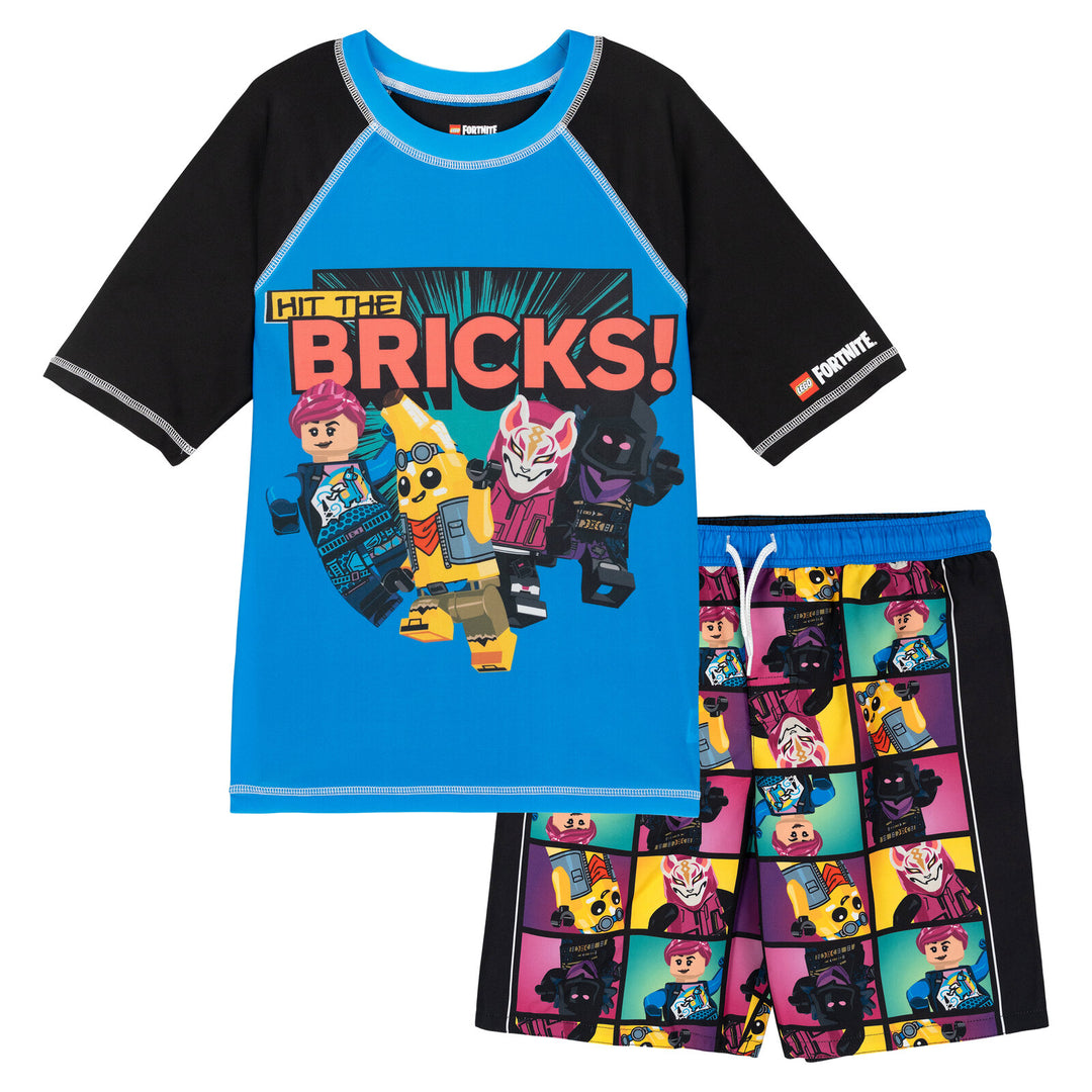 LEGO Fortnite Boys' Short Sleeve Rash Guard and Swim Trunks Set Blue