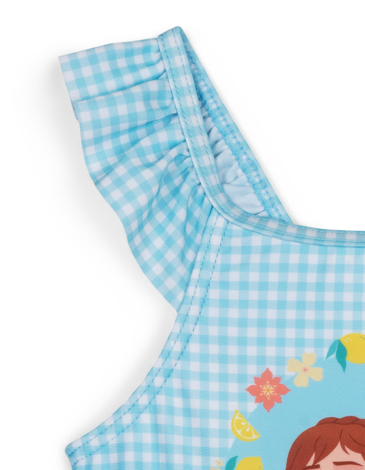 Frozen Girls' One Piece Swimsuit and Bucket Hat Set Light Blue Anna Elsa