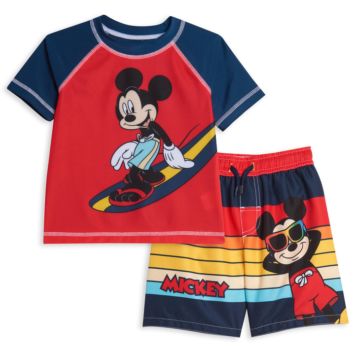 Disney Mickey Mouse Boys' 2-Piece Rash Guard and Swim Trunks Set Red Multi