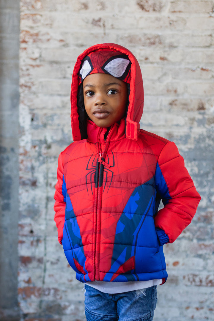 Marvel Spider-Man Boys' Hooded Zip-Up Puffer Jacket Red Blue