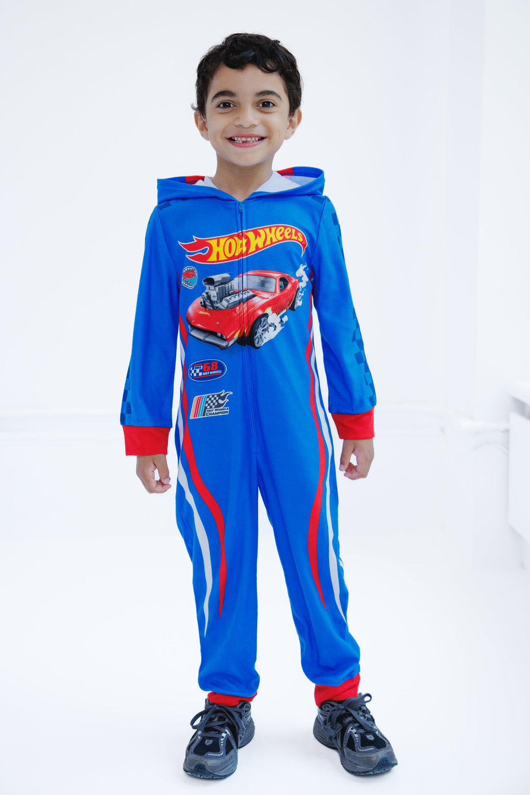Hot Wheels Boys' Racing Fleece Hooded One Piece Pajama Royal Blue Red