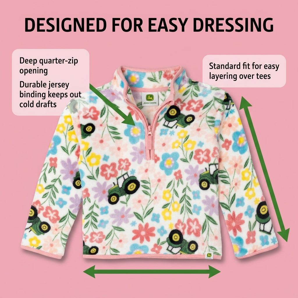 John Deere Girls' Fleece Quarter-Zip Sweatshirt Floral Tractor Print
