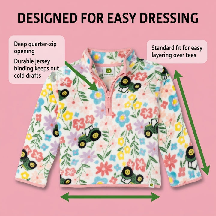 John Deere Girls' Fleece Quarter-Zip Sweatshirt Floral Tractor Print