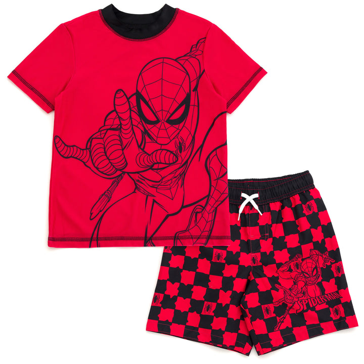 Marvel Spider-Man Boys' 2-Piece Rash Guard and Swim Trunks Set Red Black