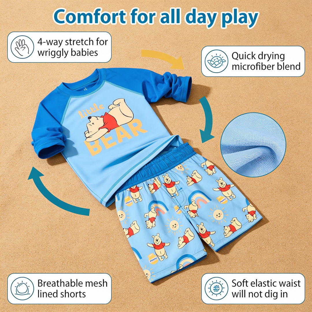 Disney Winnie the Pooh Swimwear 2-Piece Rash Guard and Swim Trunks Set Navy Blue