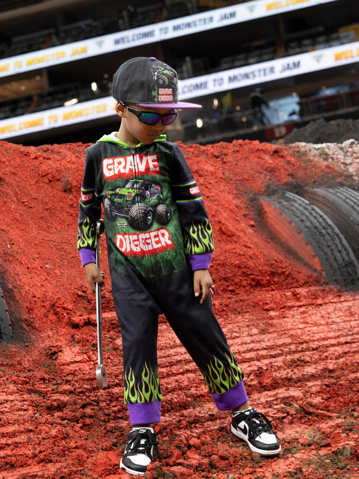 Monster Jam Grave Digger Boys' Fleece Hooded One Piece Green