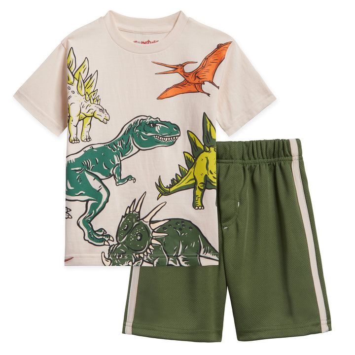 Funstuff Boys' Athletic 2-Piece T-Shirt and Shorts Set Dinosaur Beige Green