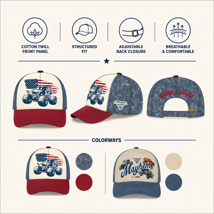 Monster Jam Boys' Adjustable Strapback Baseball Cap Blue Cream