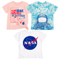 Bentex NASA Girls' 3-Pack Short Sleeve T-Shirts Pink Tie Dye White