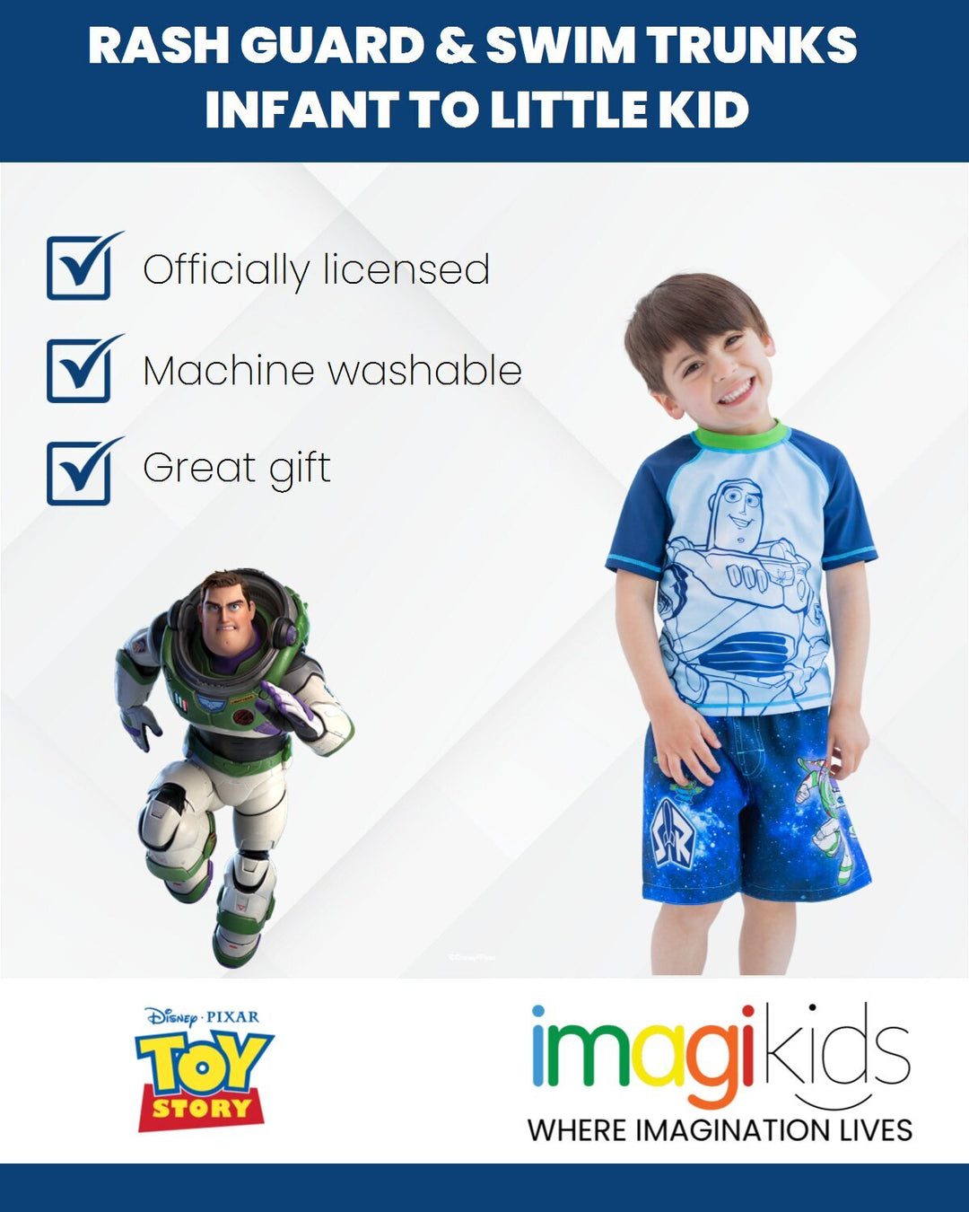 Disney Toy Story Short Sleeve Rash Guard and Swim Trunks Set Buzz Aliens Blue