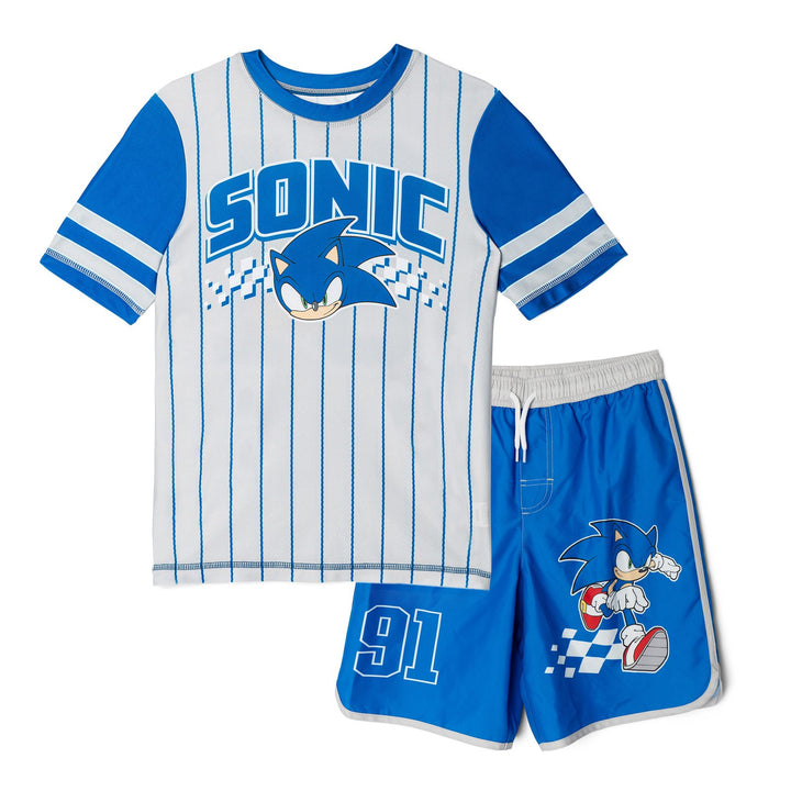SEGA Sonic the Hedgehog 2-Piece Swimwear Rash Guard and Swim Trunks Set Blue