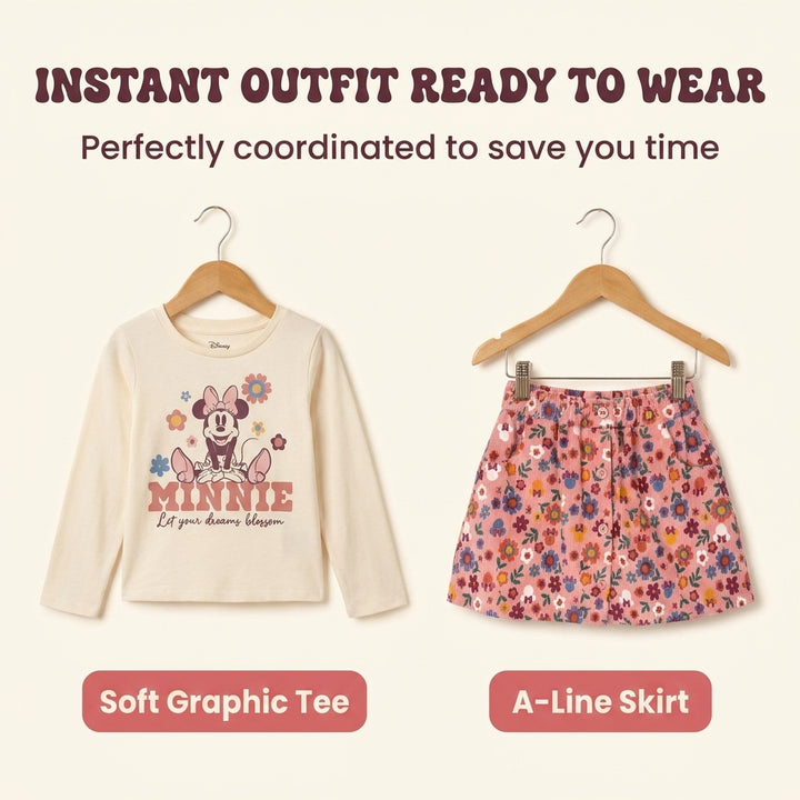 Minnie Mouse Girls' Long Sleeve Tee and Corduroy Skirt Set Cream Pink