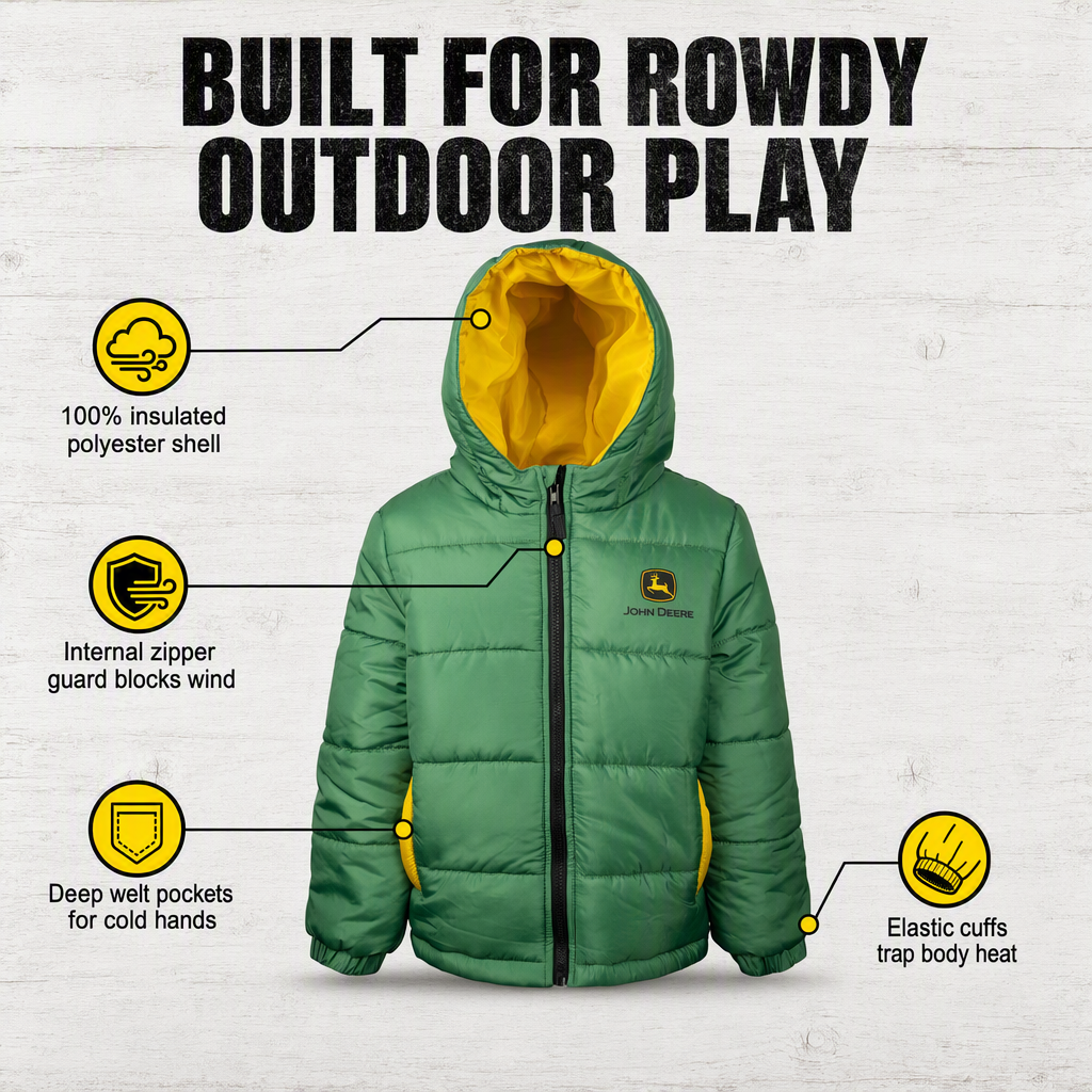John Deere Boys' Hooded Puffer Jacket Green Chase and