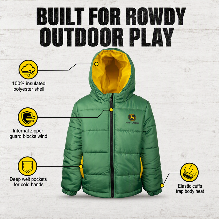 John Deere Boys' Hooded Puffer Jacket Green Chase and