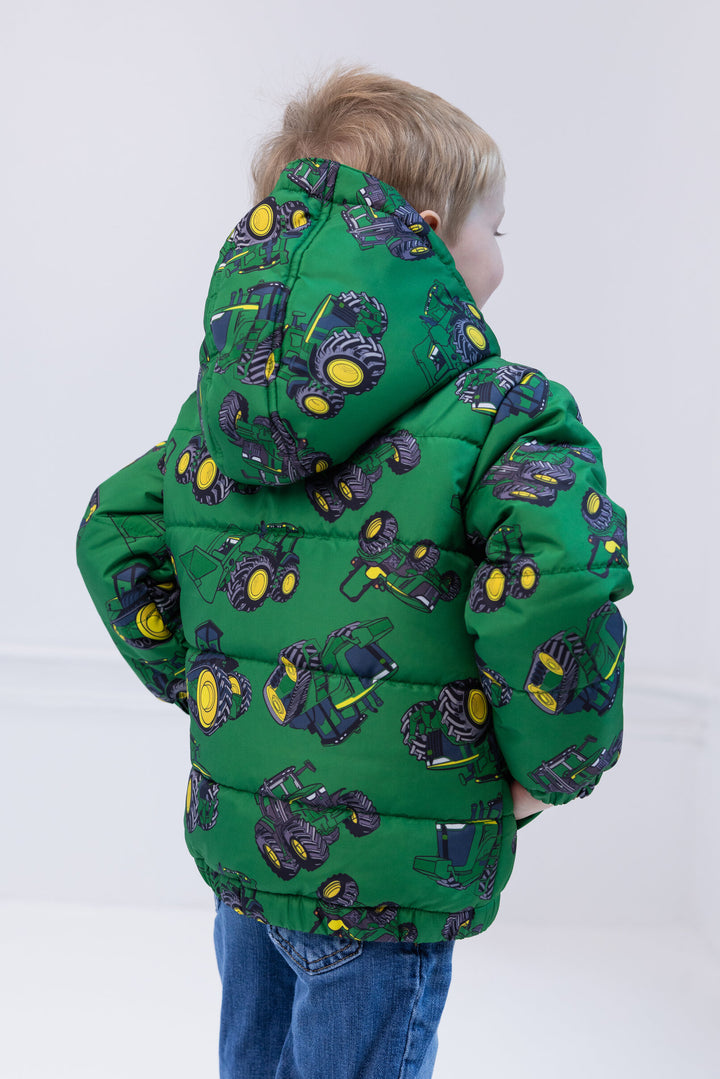 John Deere Boys' Quilted Hooded Puffer Jacket Tractor Green Print