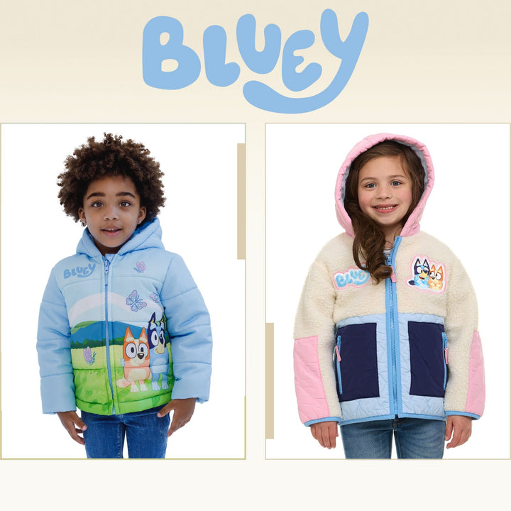 Bluey Girls' Hooded Zip-Up Puffer Jacket Bingo Sky Blue