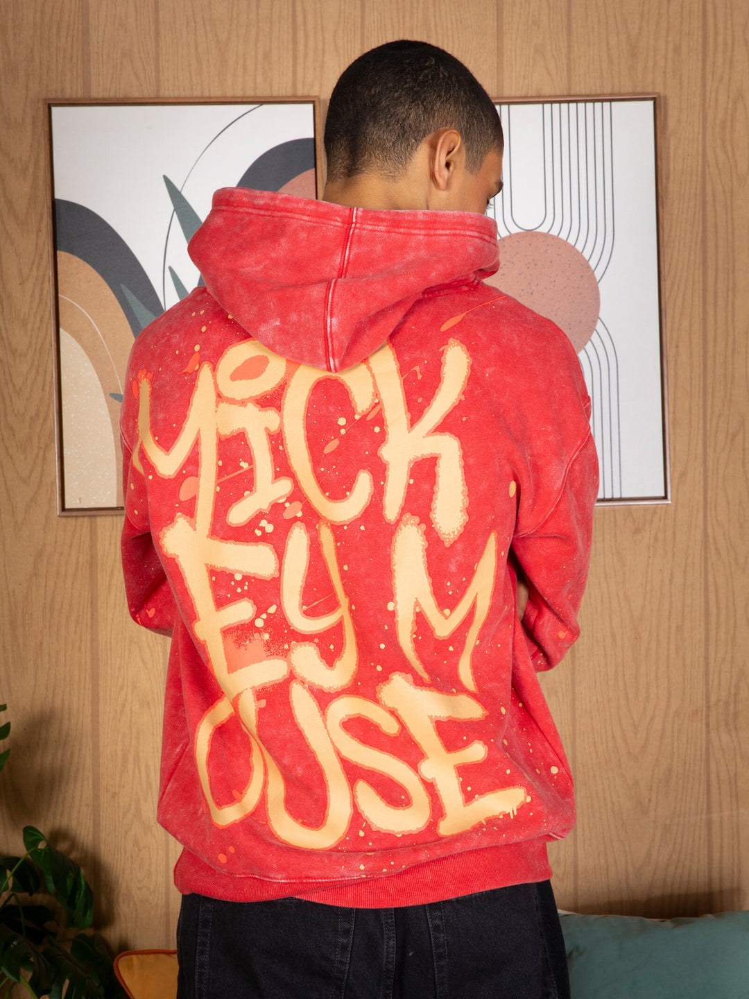 Disney Mickey Mouse Men's Fleece Pullover Hoodie Red Acid Wash