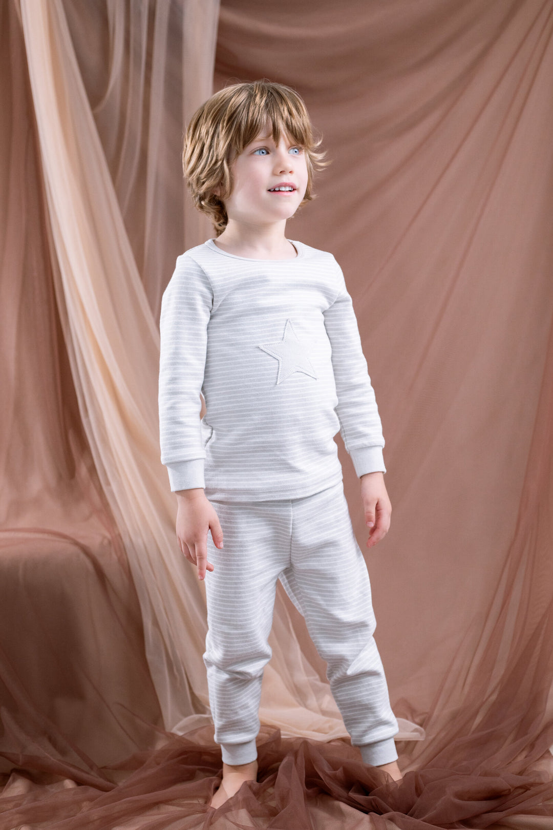 Cozeeme Loungewear 2-Piece Tee and Pants Set Beige Star Stripe
