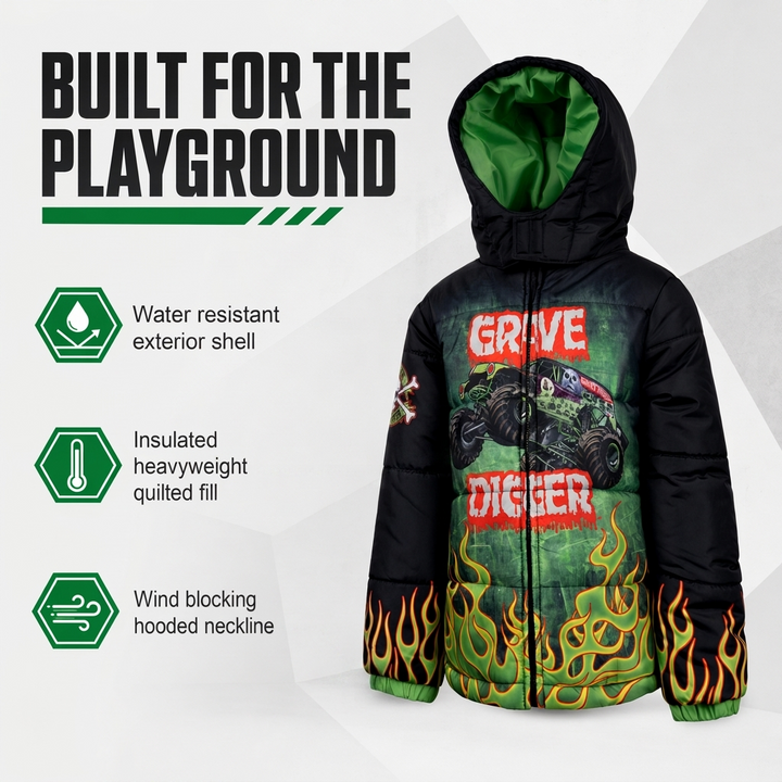 Monster Jam Boys' Hooded Puffer Jacket Grave Digger Green