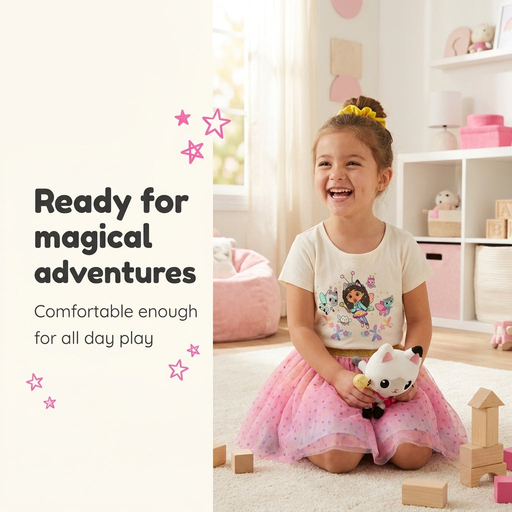 Gabby's Dollhouse T-Shirt and Tutu Skirt Set with Scrunchie Tusk Rainbow Polka