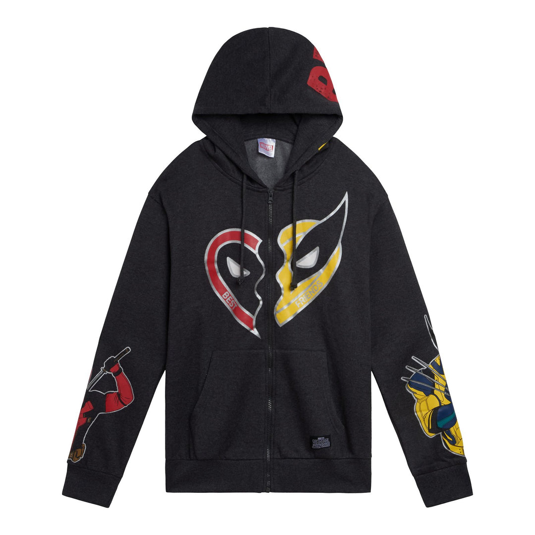 Deadpool Men's Marvel Deadpool and Wolverine Fleece Zip Up Hoodie Grey Wolv
