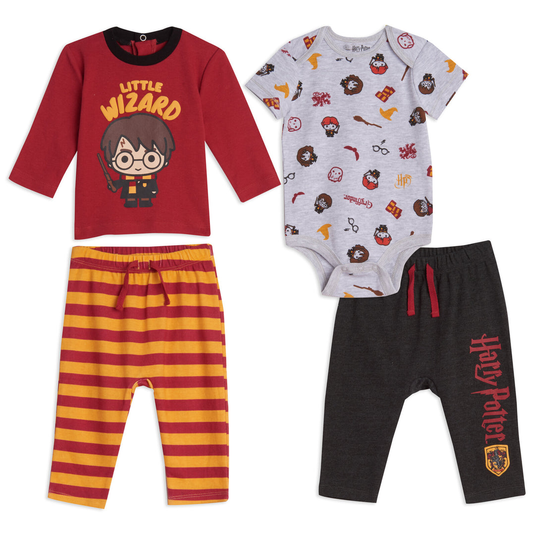 Harry Potter Baby 4-Piece Bodysuit Tee and Pants Set Red Grey