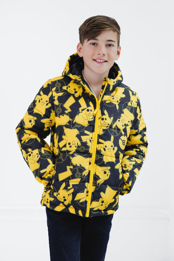 Pokemon Pikachu Boys' Hooded Puffer Jacket Black Print