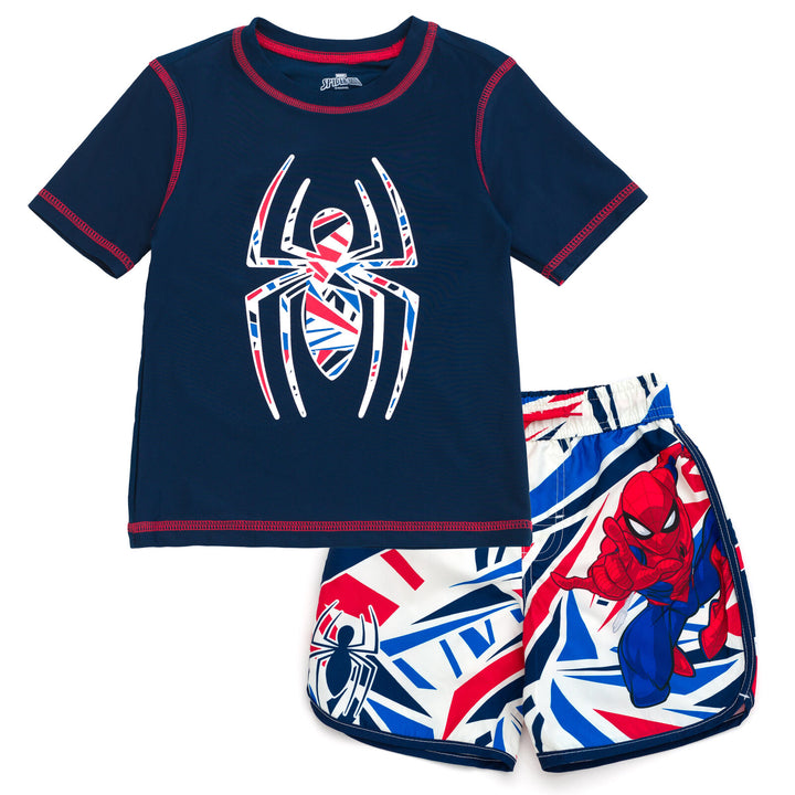 Marvel Spider-Man Little Boys' 2-Piece Rash Guard and Swim Trunks Set Navy Glass