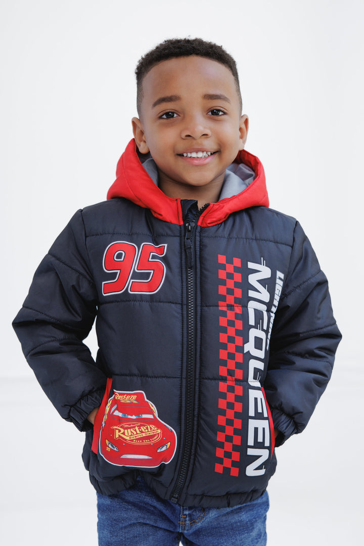 Cars Lightning McQueen Boys' Hooded Zip-Up Puffer Coat Black Red