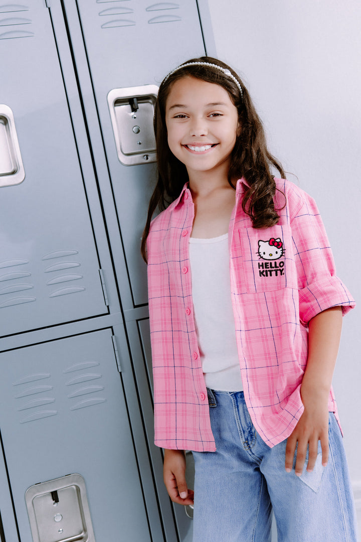 Hello Kitty Girls' Long-Sleeve Flannel Button-Down Shirt Pink