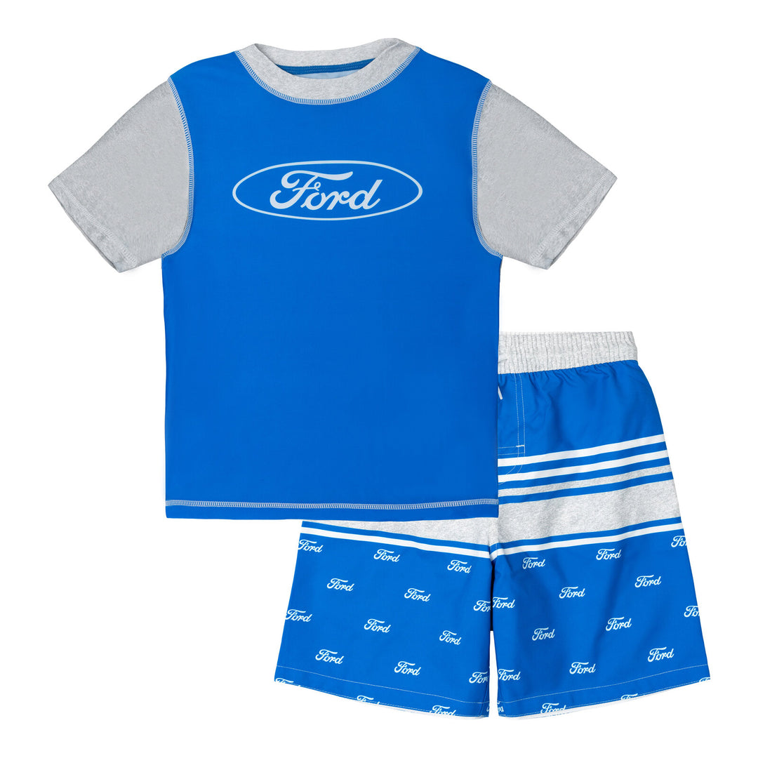 Ford Boys' Swimwear 2-Piece Rash Guard and Trunks Set Blue Grey
