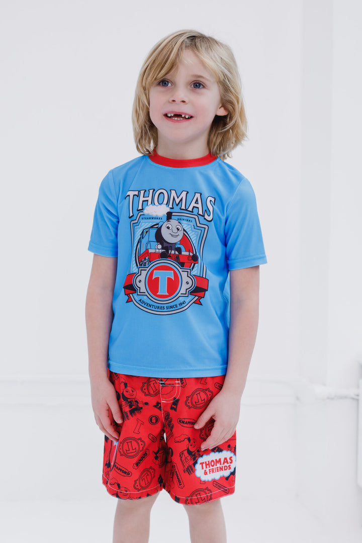 Thomas & Friends Boys' Swimwear 2-Piece Rash Guard and Swim Trunks Set Blue Red