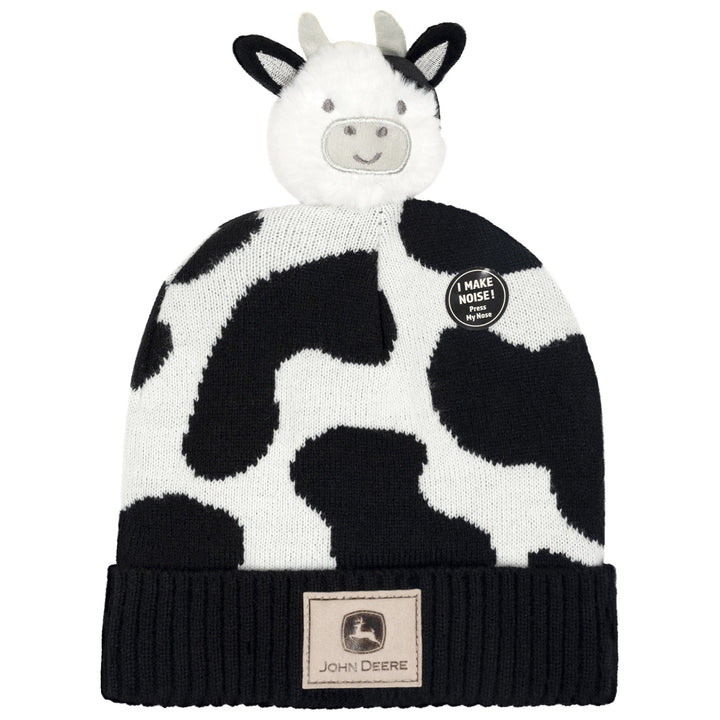 John Deere Toddler Boys' Pom Pom Beanie Hat with Sound Chip Black White Cow