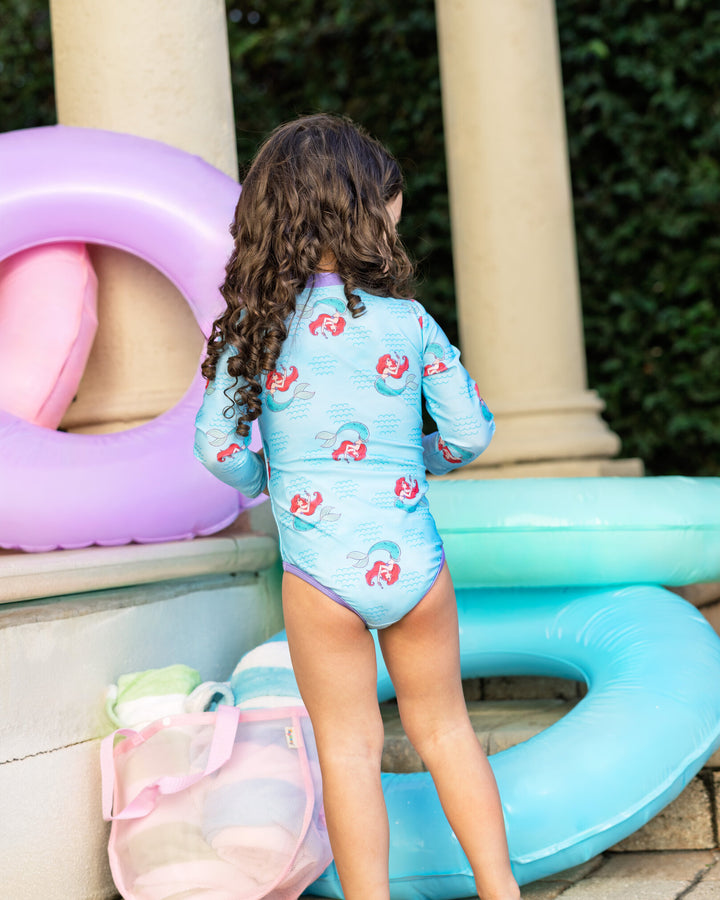 The Little Mermaid Princess Ariel Girls' Zip-Up One Piece Swimsuit Light Blue