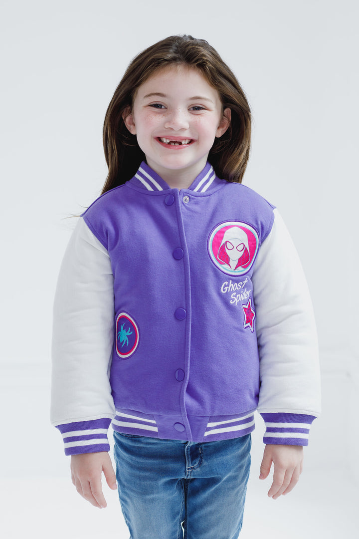 Marvel Spider-Verse Ghost-Spider French Terry Varsity Bomber Jacket Purple