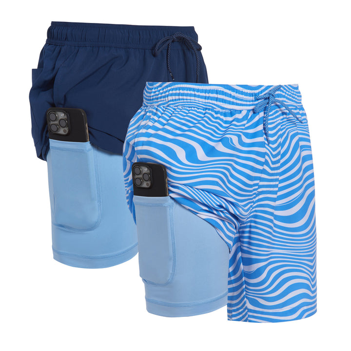 Dreamwave Men's 2-Pack Compression Liner Swim Trunks with Phone Pocket 7 inch Inseam Anti Chafing Navy Wavy Stripe