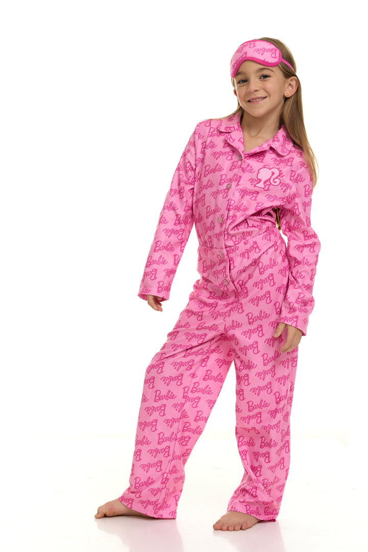 Barbie Girls' Fleece One Piece Pajama and Sleep Mask Set Classic Pink