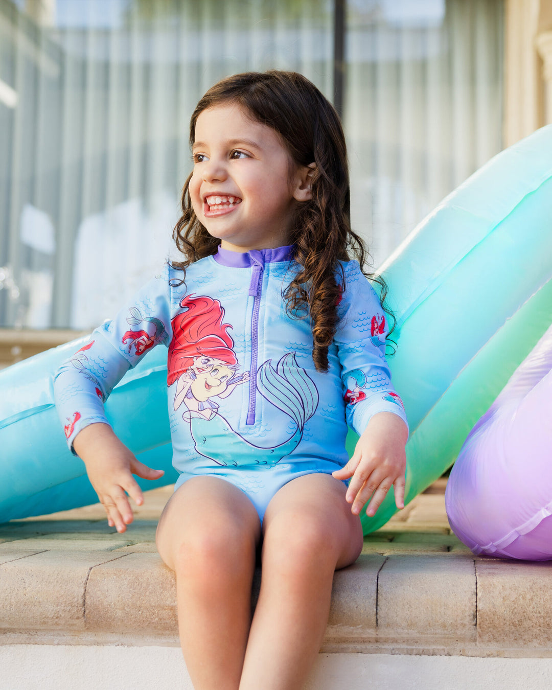 The Little Mermaid Princess Ariel Girls' Zip-Up One Piece Swimsuit Light Blue