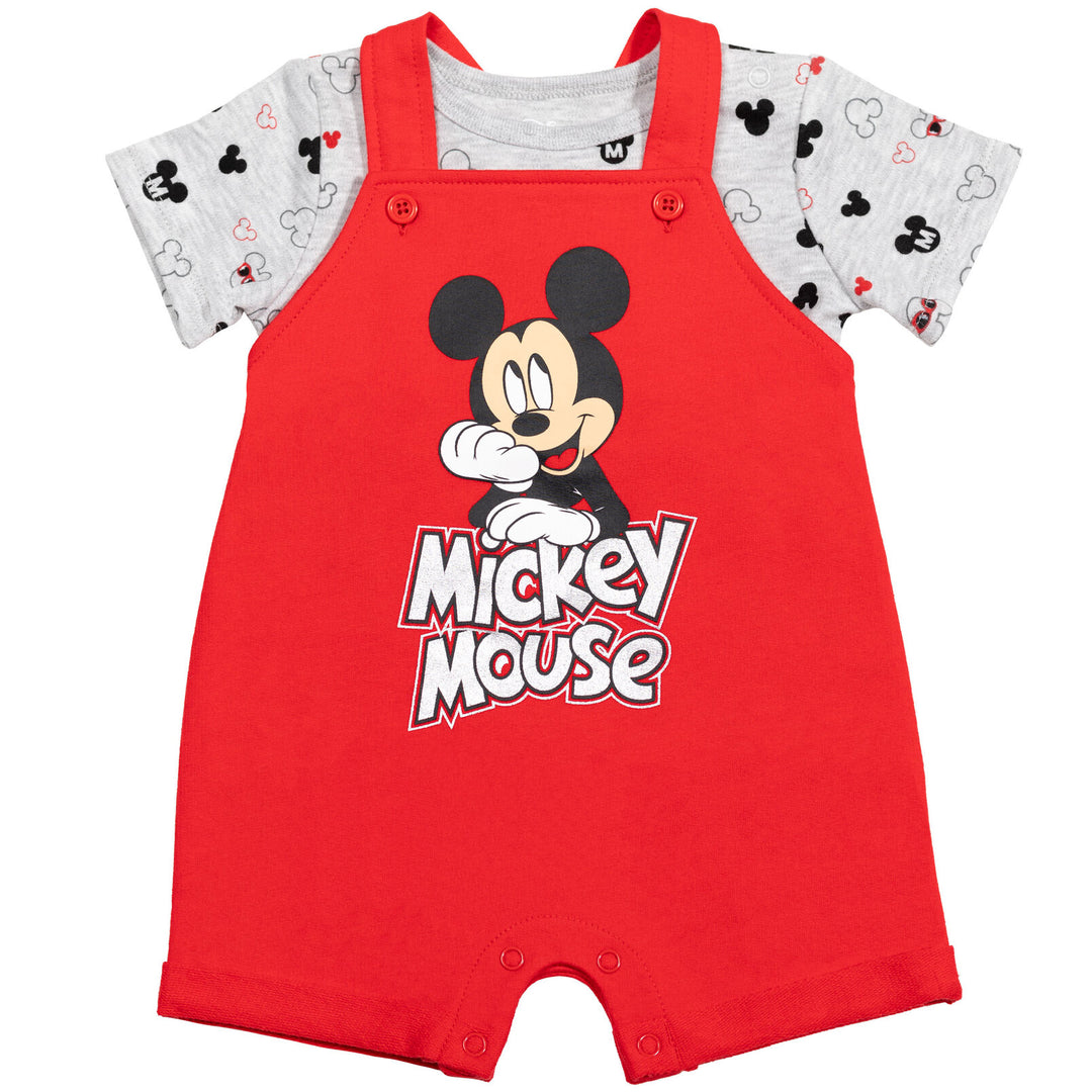 Disney Mickey Mouse Baby Boys' 3-Piece Shortall, T-Shirt and Hat Set Red Grey