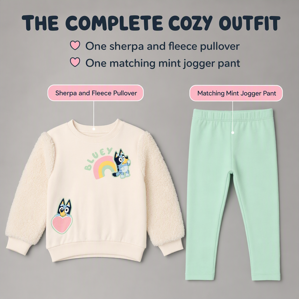 Bluey Girls' 2-Piece Fleece Sweatshirt and Leggings Set Cream Mint